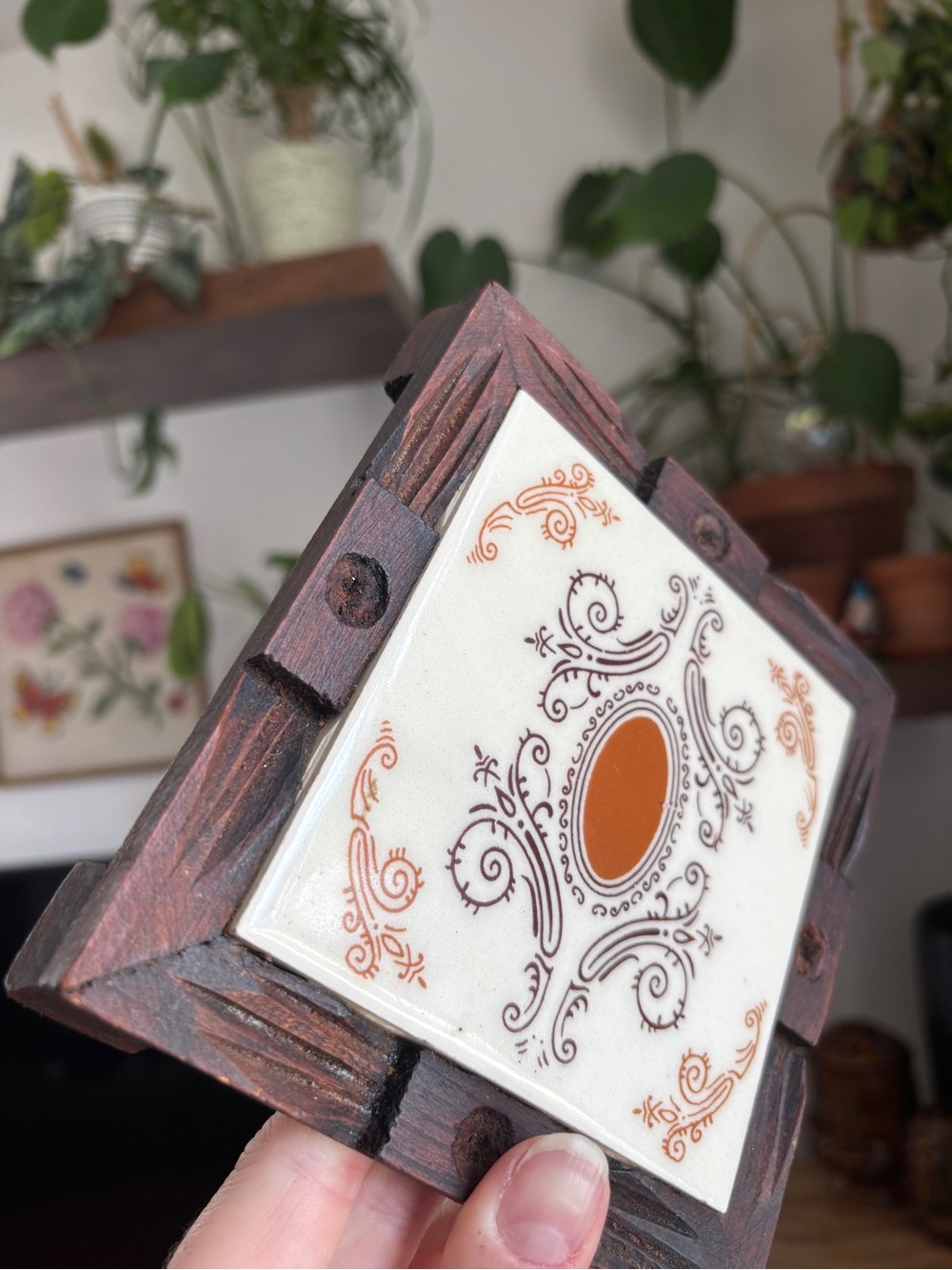 EUC Vintage 70s Set of 2 Mexican Dal Tile Ceramic Wooden Framed Trivets Coasters - Picture 12 of 16